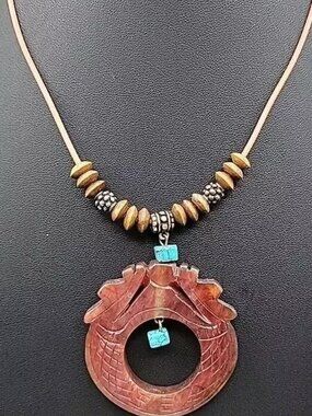 Vtg Carved Red Jadeite Jade Double Dragon Bi Pendant Necklace Turquoise 925 18"
